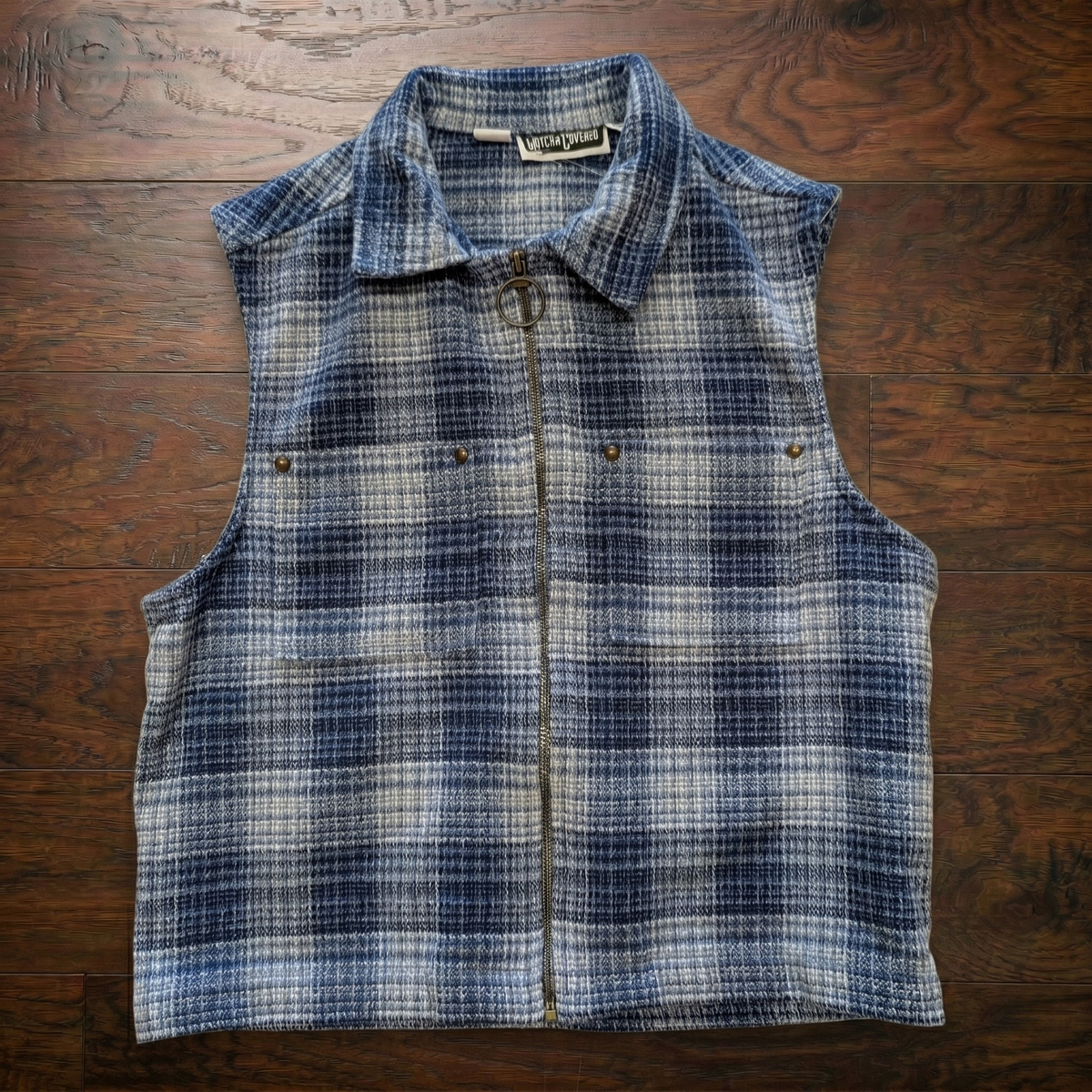 Vintage 1980s Blue Plaid Full Zip Vest Size S