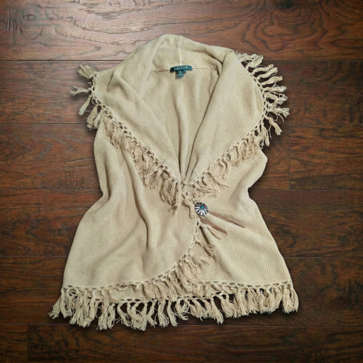 Lauren Ralph Lauren Linen Silk Knit Fringe Concho Vest Size L