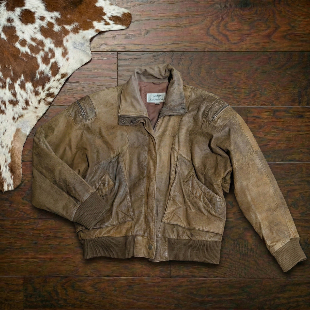 Vintage Oversized 1980s Out of Bounds Distressed Leather Bomber Jacket Size S