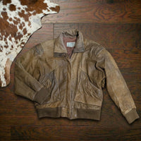 Vintage Oversized 1980s Out of Bounds Distressed Leather Bomber Jacket Size S