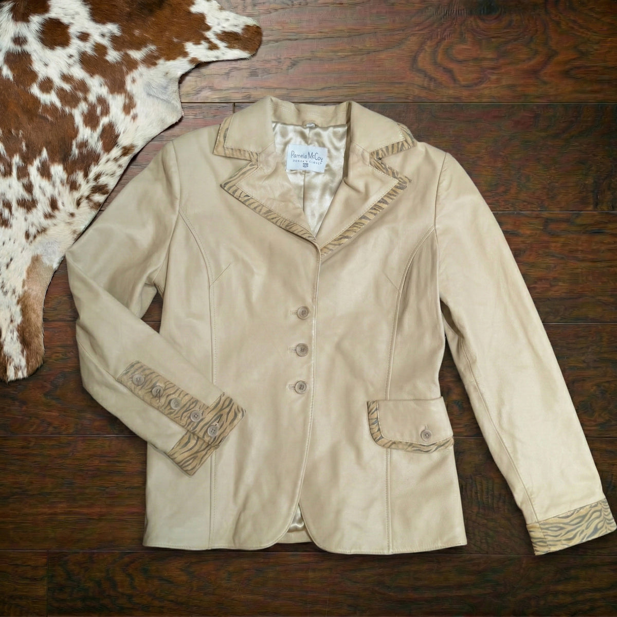 Vintage 1990s Pamela McCoy Leather Tiger Print Trim Jacket Size S