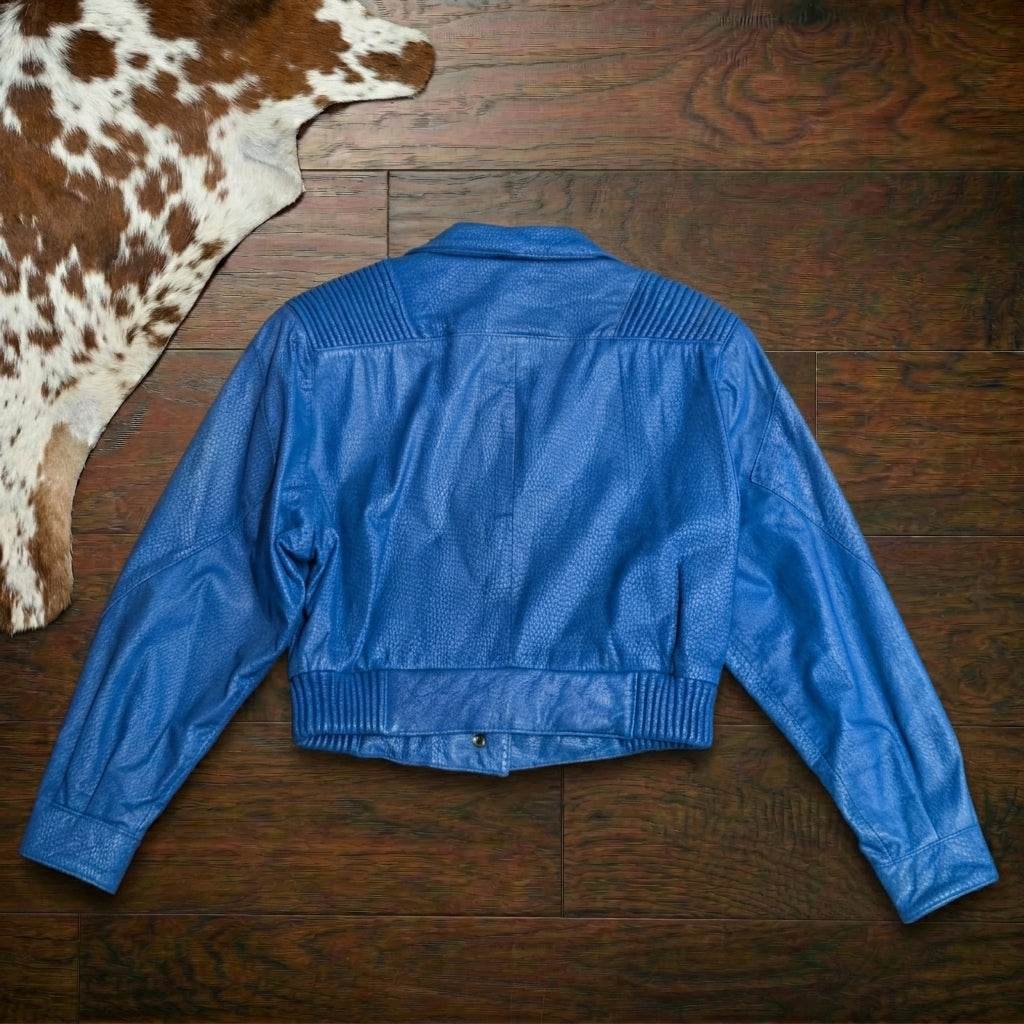 Vintage 1980s Out of Bounds Cobalt Blue Snakeskin Leather Bomber Jacket Size M (Fits S)