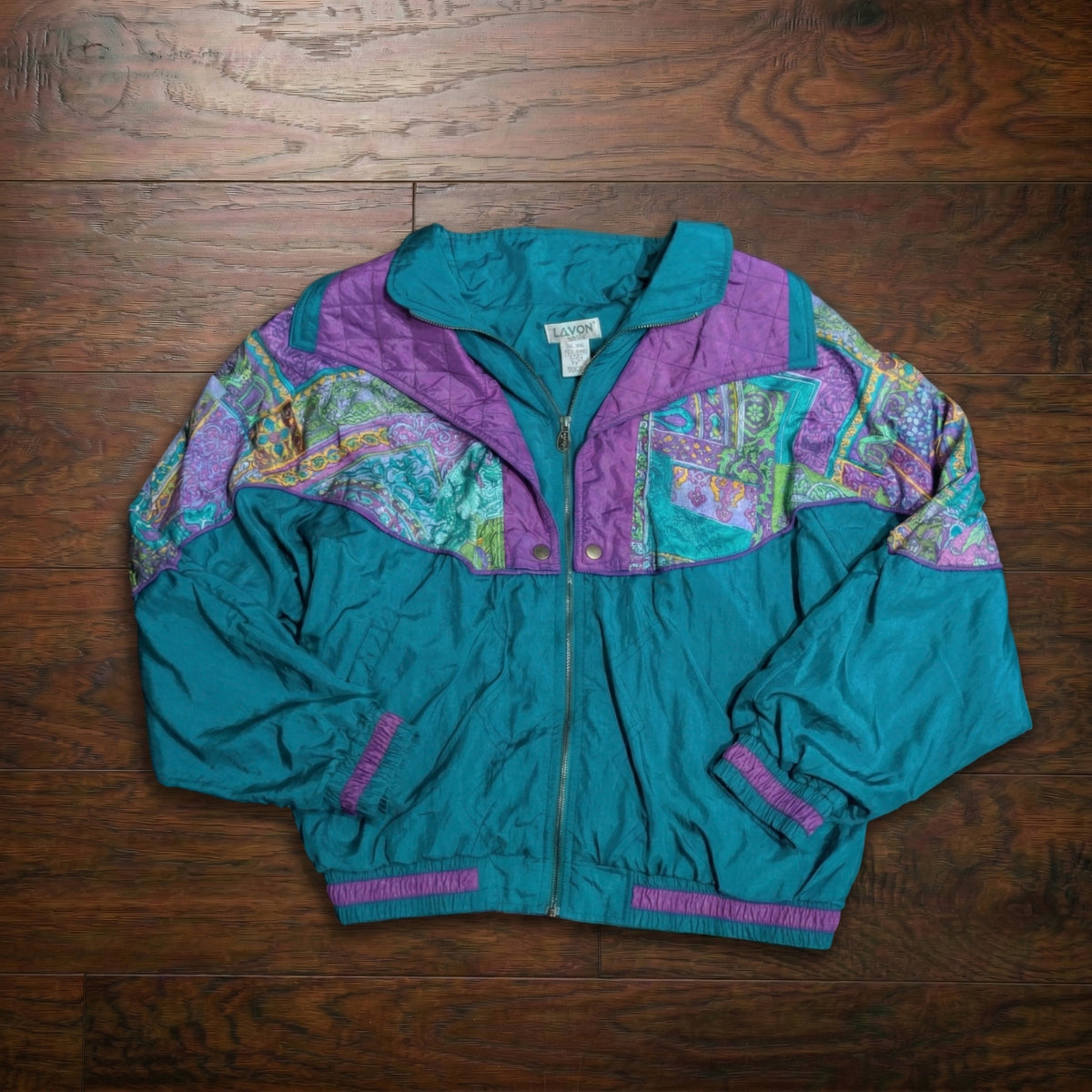 Vintage 1980s Lavon Teal & Purple Abstract Print Windbreaker Jacket Size M
