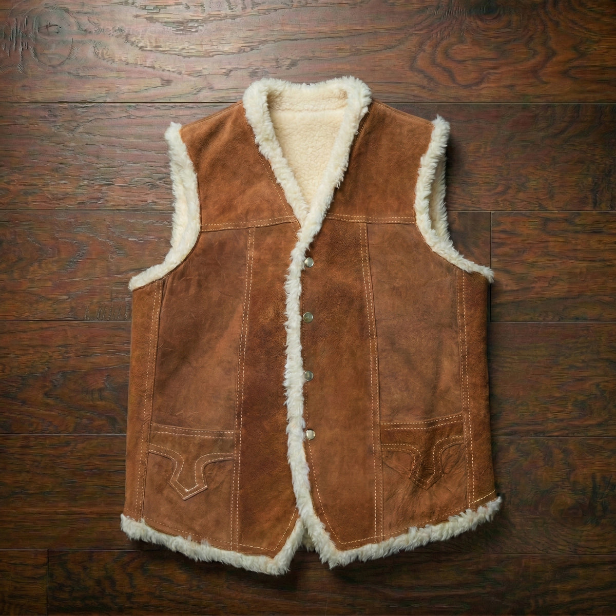 Vintage 1970s Genuine Suede Leather Sherpa Lined Western Vest Size L