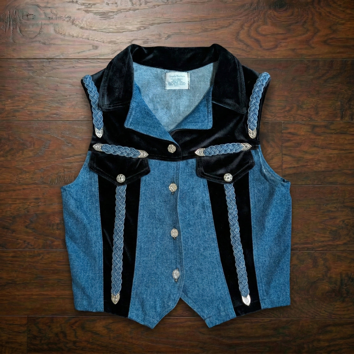 Vintage 1980s Simply Barbara Denim & Velvet Embellished Braided Vest Size S
