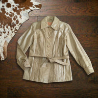 Vintage 1970s NWT Ms Pioneer Deadstock Beige Leather Tie Waist Jacket Size 12 (Fits M)