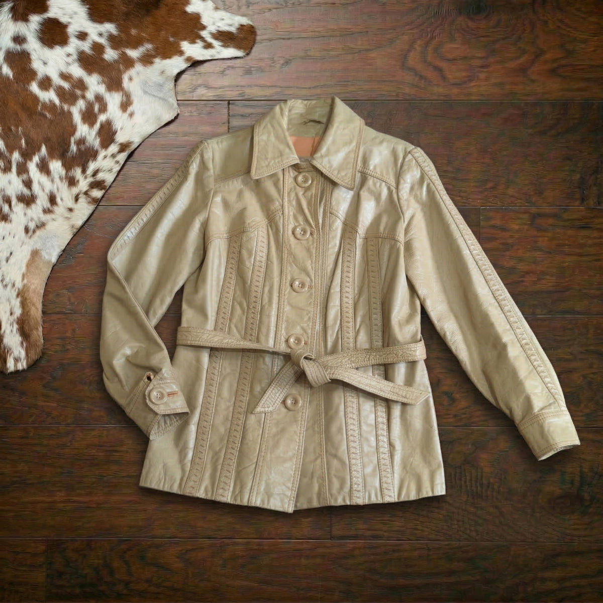 Vintage 1970s NWT Ms Pioneer Deadstock Beige Leather Tie Waist Jacket Size 12 (Fits M)