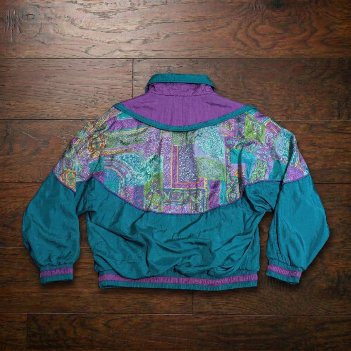 Vintage 1980s Lavon Teal & Purple Abstract Print Windbreaker Jacket Size M
