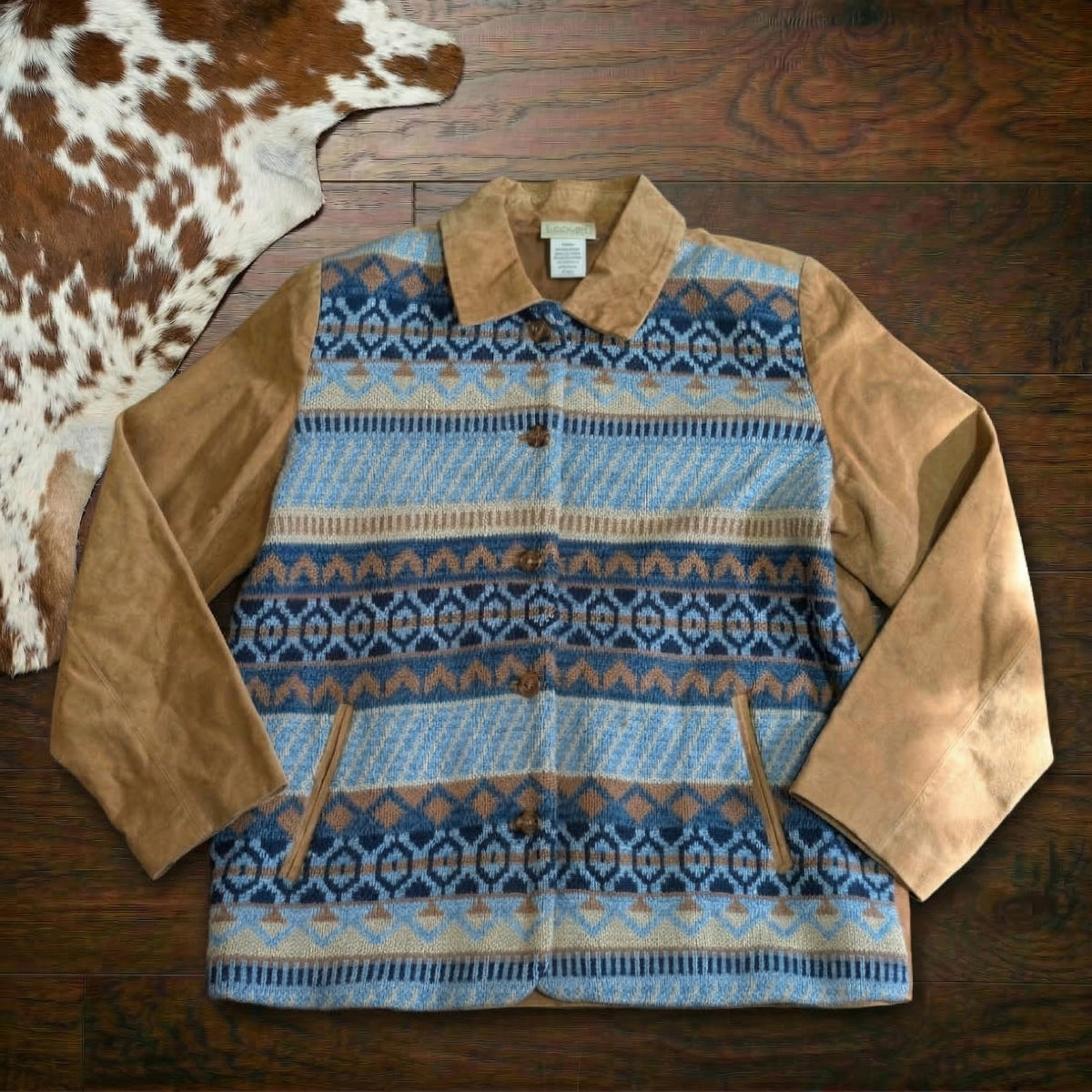 Vintage Cedar Canyon Suede Leather Southwestern Knit Button Jacket Size M
