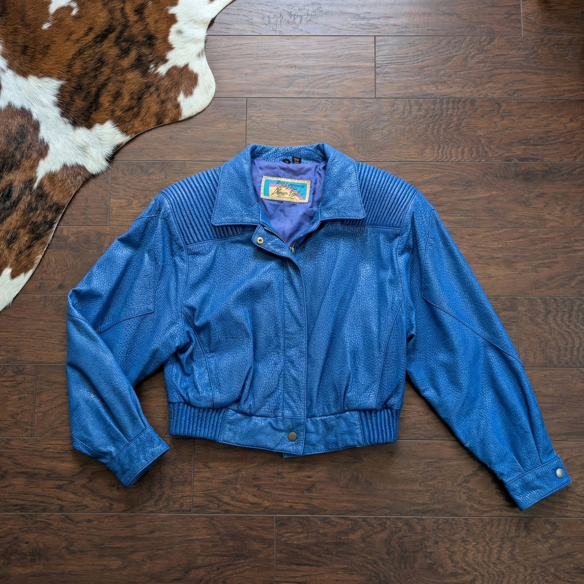 Vintage 1980s Out of Bounds Cobalt Blue Snakeskin Leather Bomber Jacket Size M (Fits S)