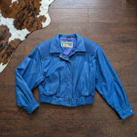 Vintage 1980s Out of Bounds Cobalt Blue Snakeskin Leather Bomber Jacket Size M (Fits S)