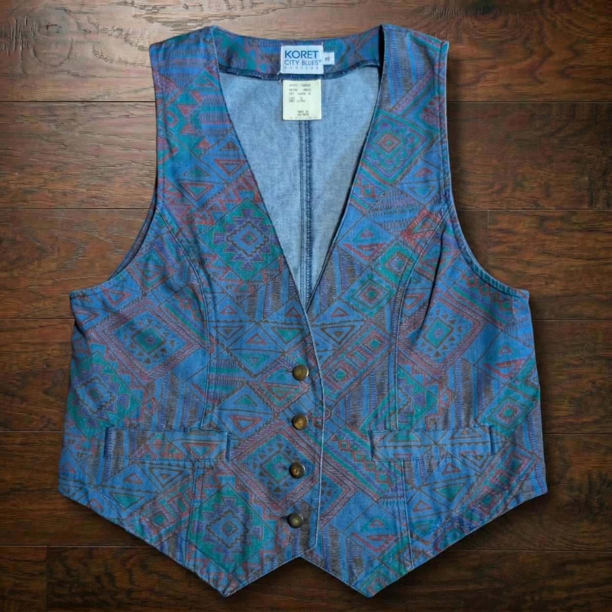 Vintage 1990s Koret City Blues Geometric Southwestern Print Vest Petites S