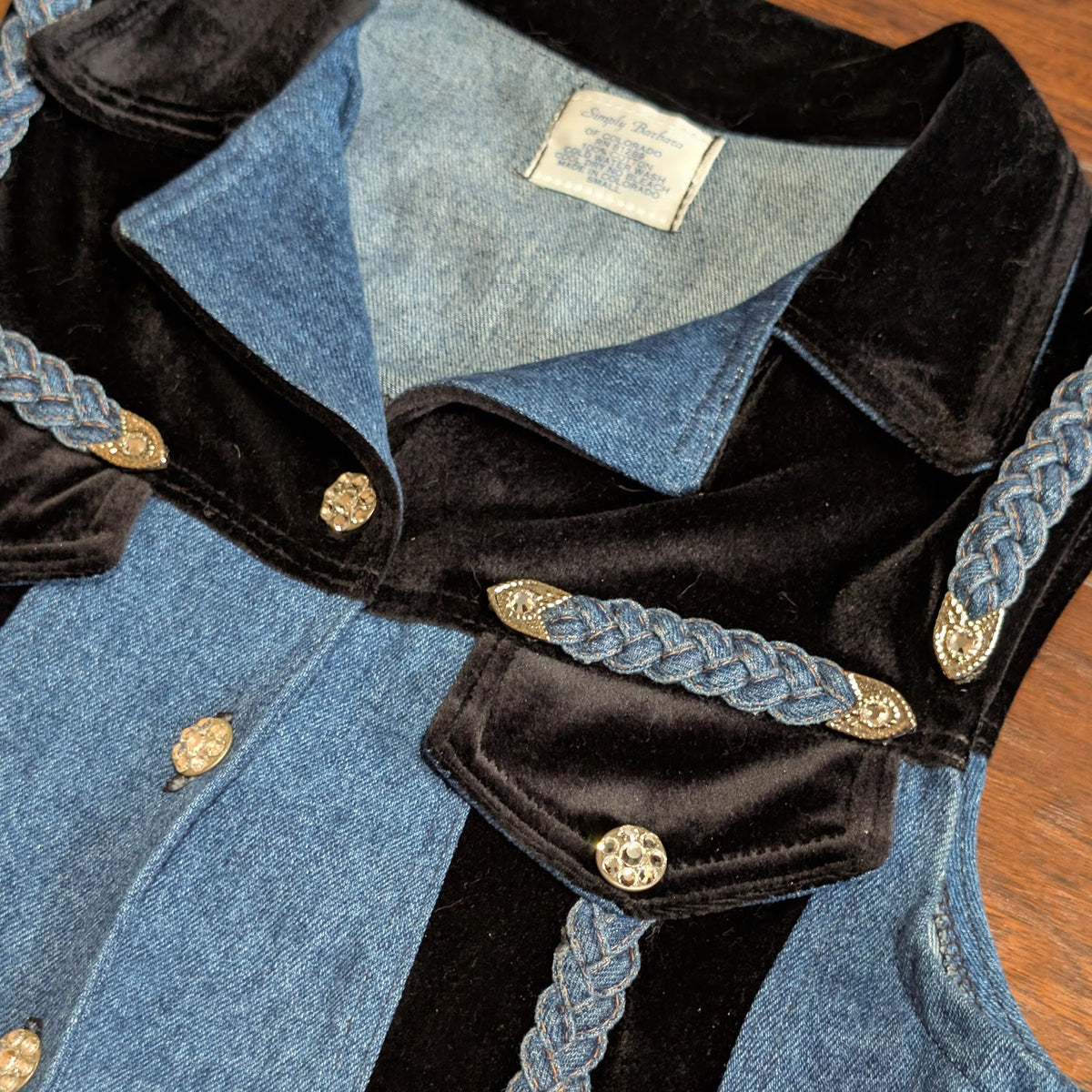 Vintage 1980s Simply Barbara Denim & Velvet Embellished Braided Vest Size S