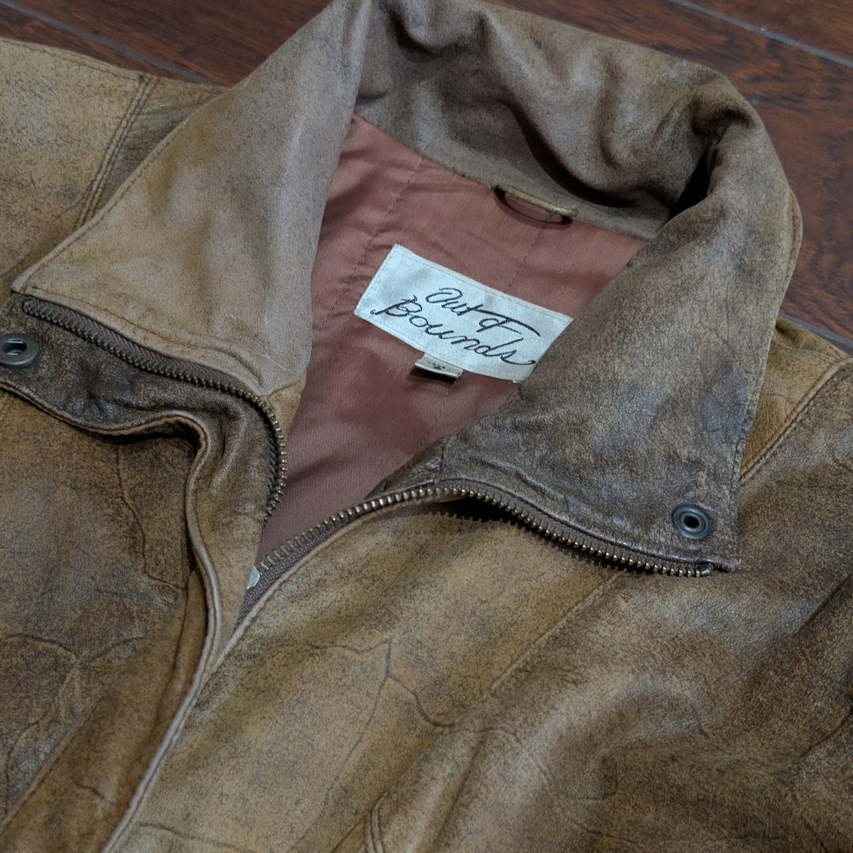 Vintage Oversized 1980s Out of Bounds Distressed Leather Bomber Jacket Size S