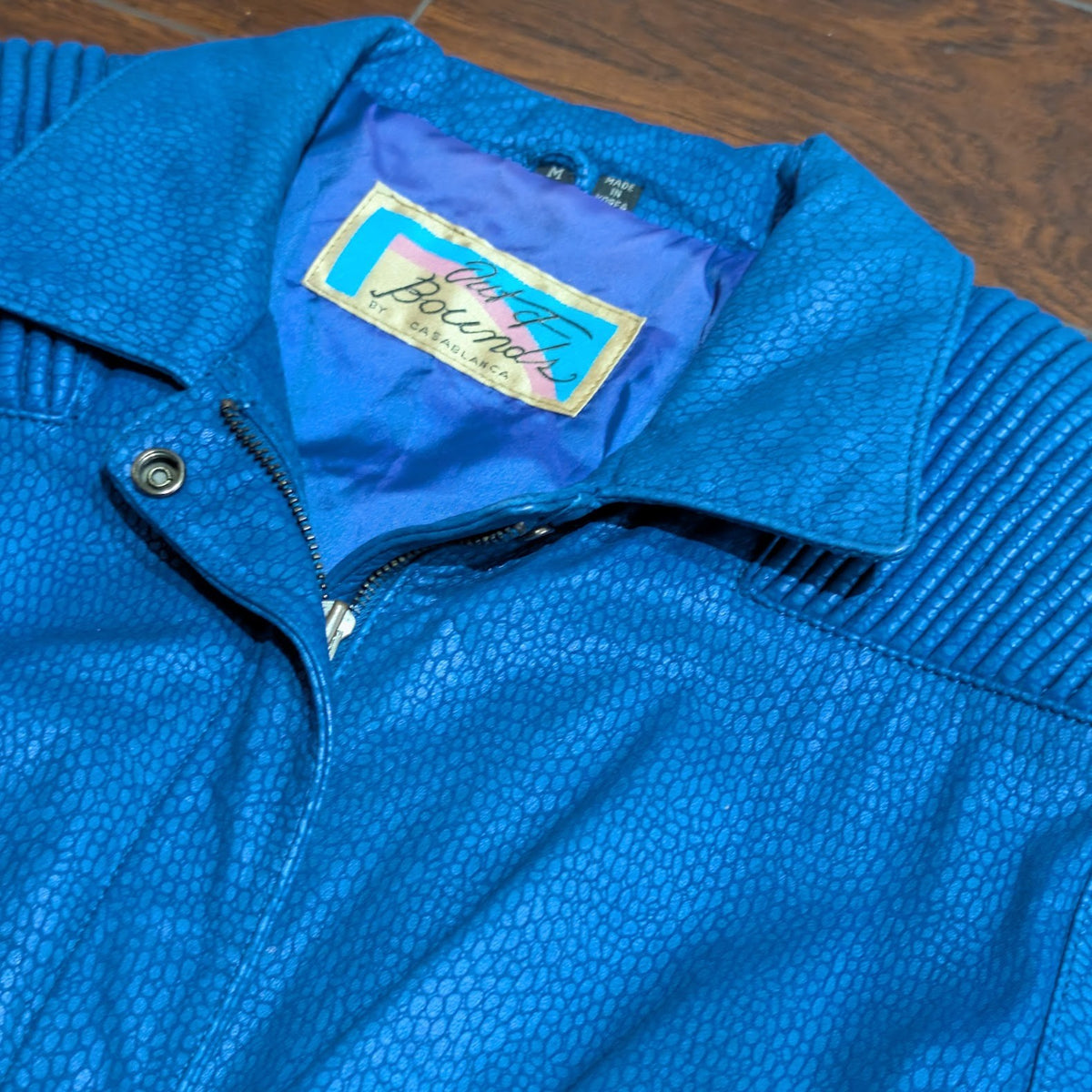 Vintage 1980s Out of Bounds Cobalt Blue Snakeskin Leather Bomber Jacket Size M (Fits S)