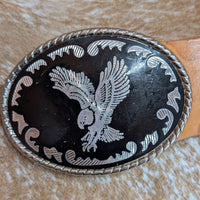 Vintage 1970s Black Eagle Belt Buckle And Tan Tooled Leather Belt Size 36