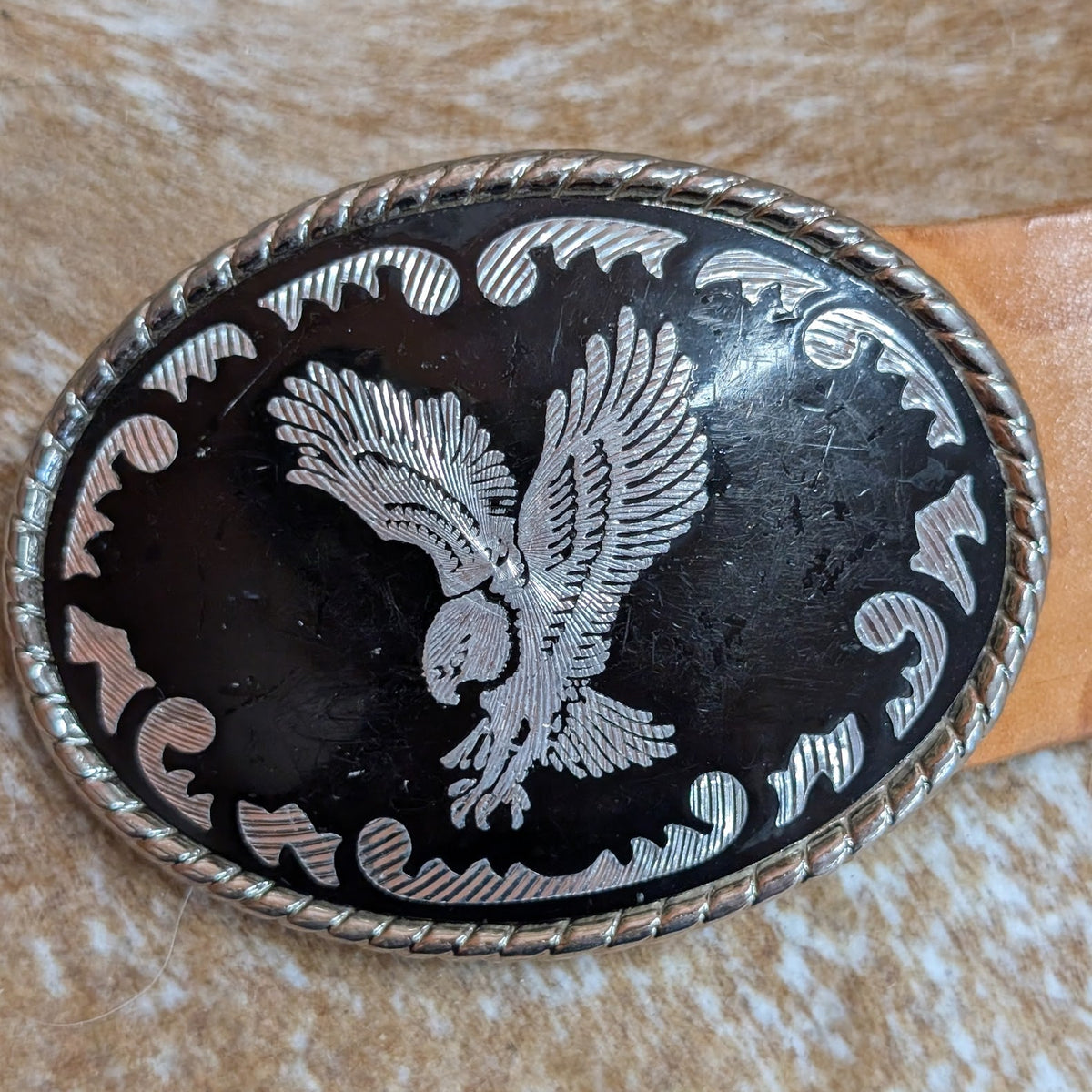 Vintage 1970s Black Eagle Belt Buckle And Tan Tooled Leather Belt Size 36