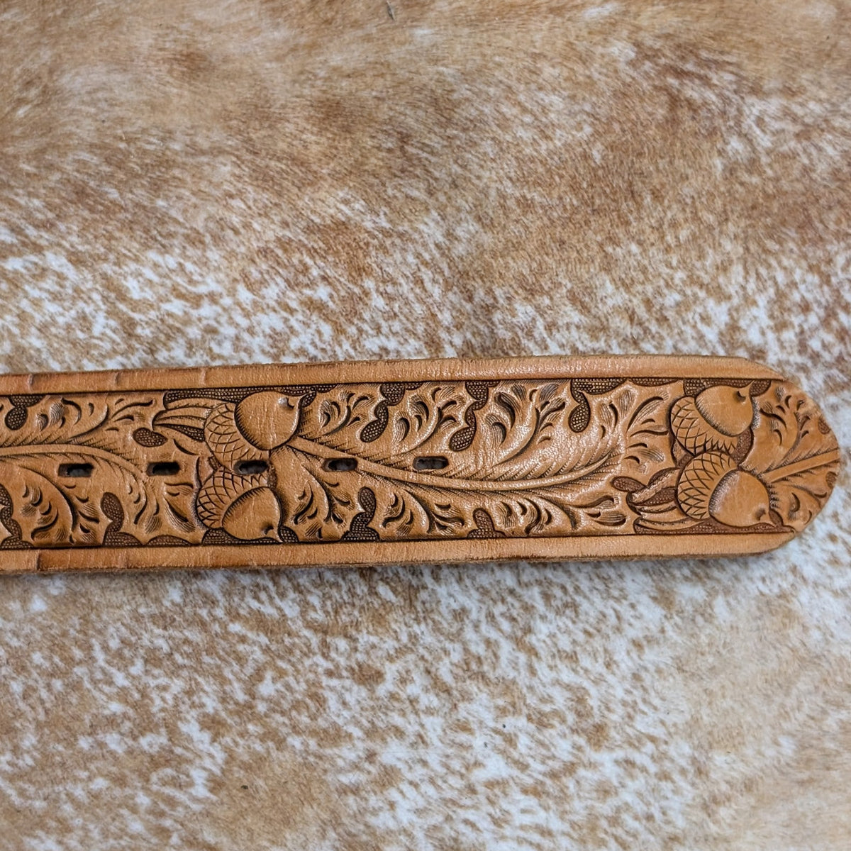 Vintage 1970s Black Eagle Belt Buckle And Tan Tooled Leather Belt Size 36