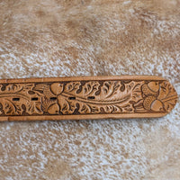 Vintage 1970s Black Eagle Belt Buckle And Tan Tooled Leather Belt Size 36