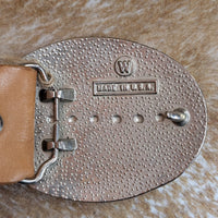 Vintage 1970s Black Eagle Belt Buckle And Tan Tooled Leather Belt Size 36