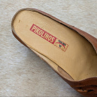 Pikolinos Tan Embroidered Cutout Heeled Mules Size 9.5