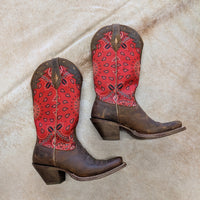 Ariat Brown And Red Bandana Print Square Toe Cowboy Boots Size 7