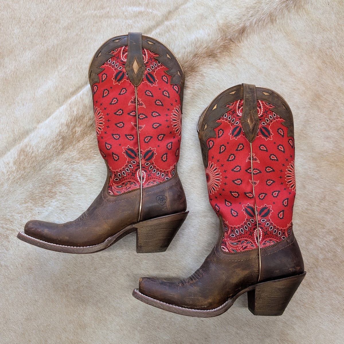 Ariat Brown And Red Bandana Print Square Toe Cowboy Boots Size 7