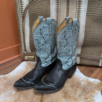 Vintage 1980s Dusty Blue and Black Tony Lama Cowboy Boots Size 8B