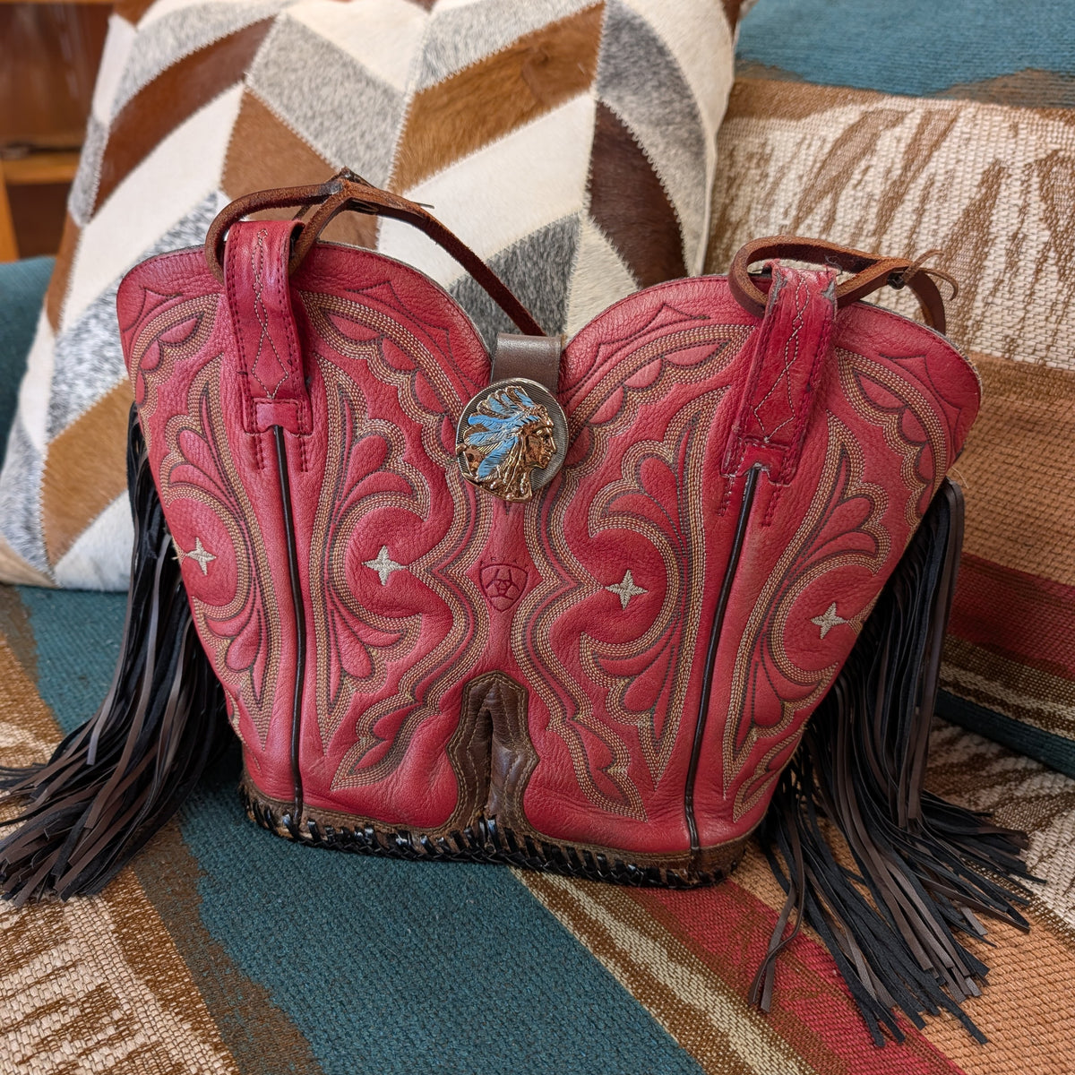 Handmade Red Leather Fringe Shoulder Bag