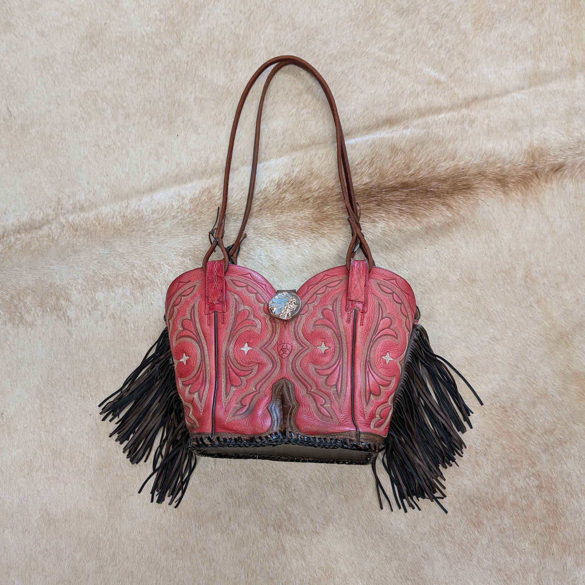Handmade Red Leather Fringe Shoulder Bag