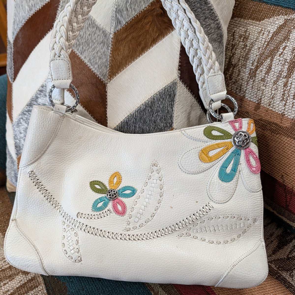 White Leather Floral Brighton Bag