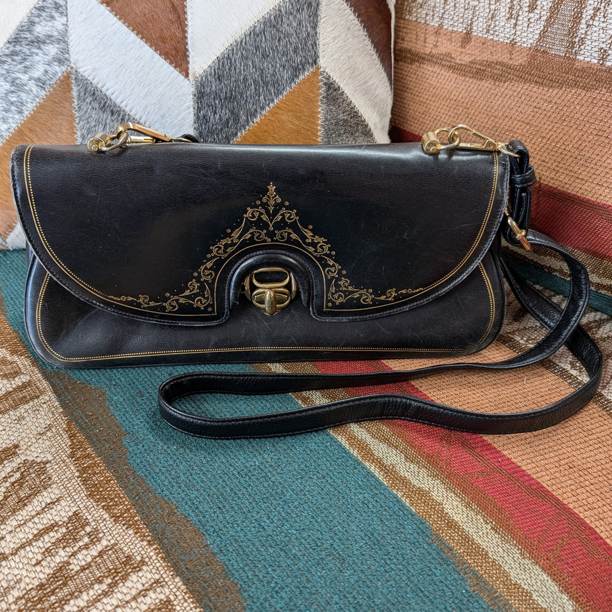 Vintage 1960s Black And Gold Italian Leather Bag