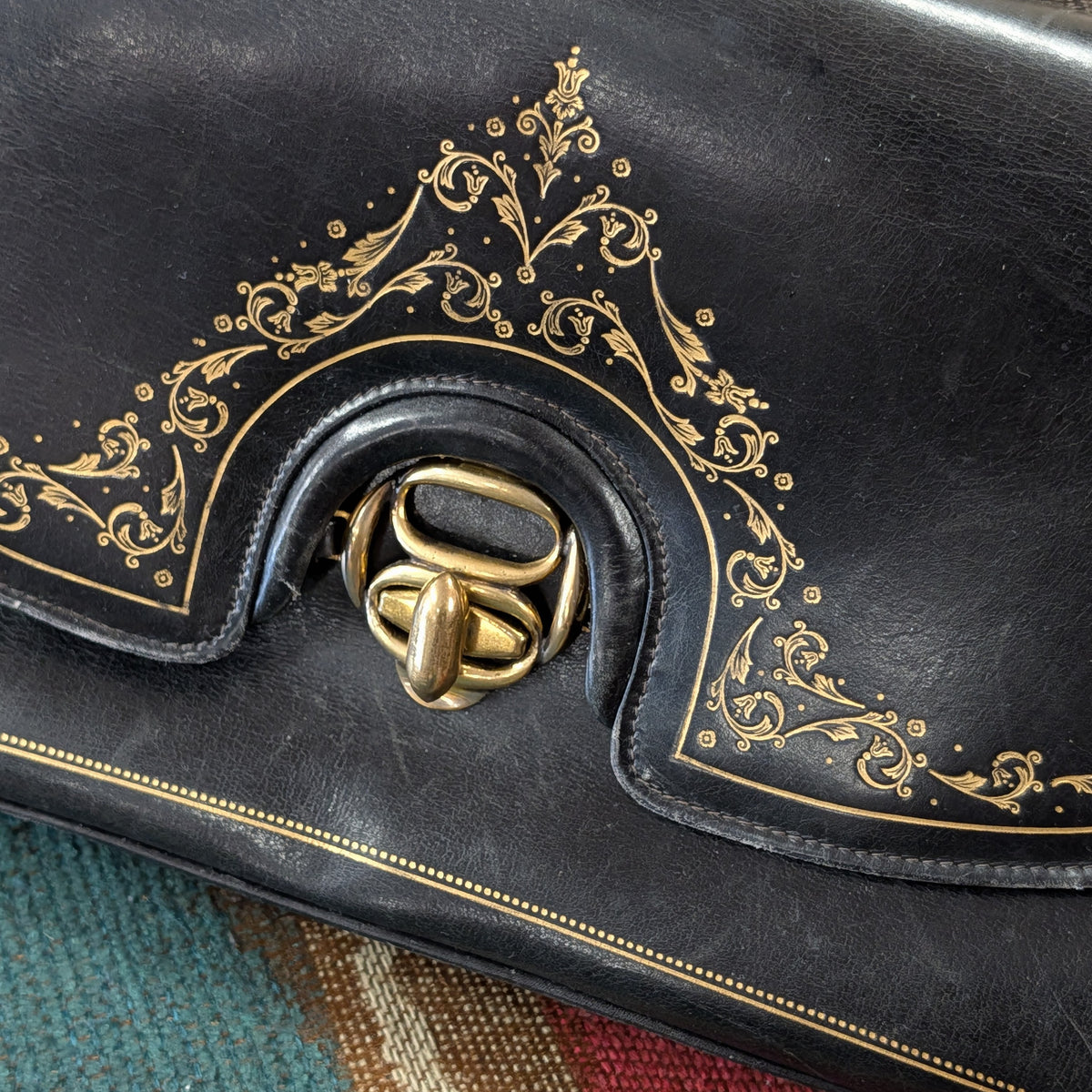 Vintage 1960s Black And Gold Italian Leather Bag