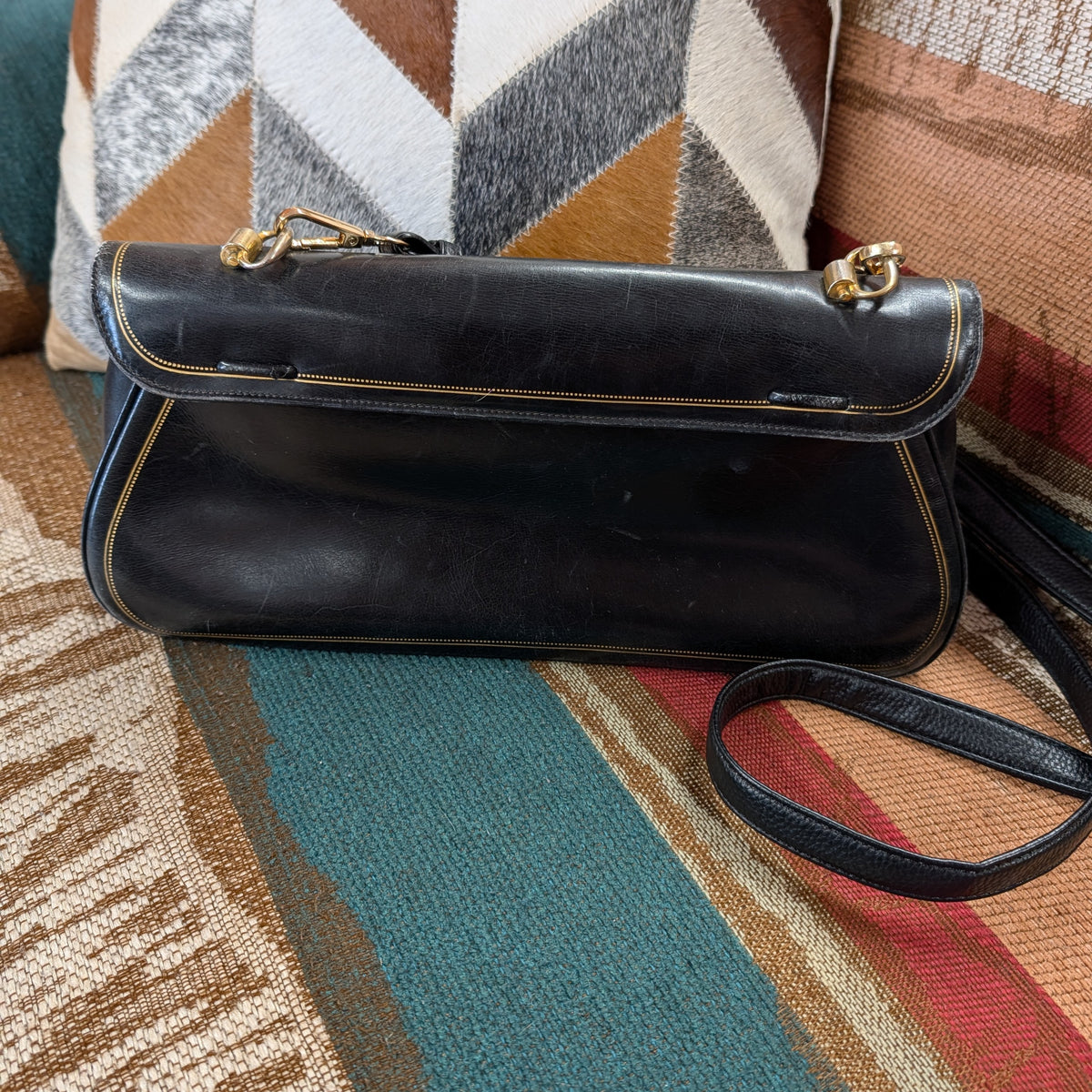 Vintage 1960s Black And Gold Italian Leather Bag