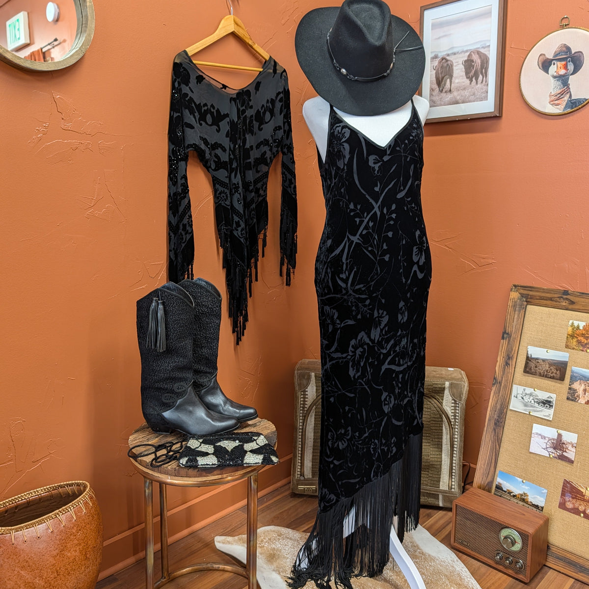 Vintage 1990s Black Velvet Embossed Fringe Set Size S