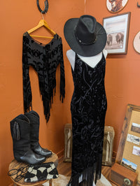 Vintage 1990s Black Velvet Embossed Fringe Set Size S