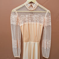 Vintage Handmade 1970s Peach Lace High Neck Dress Size XS