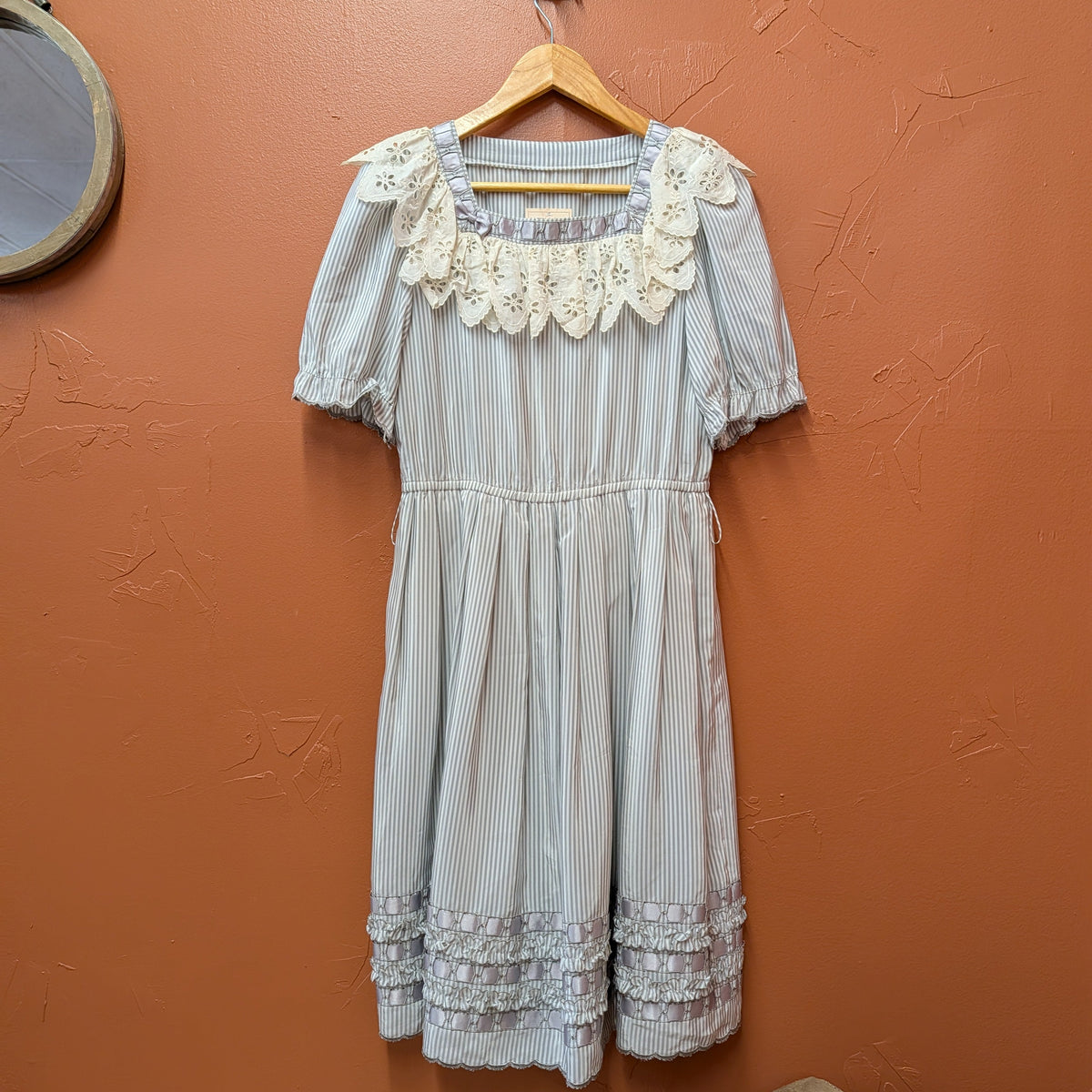 Handmade Vintage 1970s Grey And White Pinstripe Prairie Dress Size XS/S