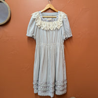 Handmade Vintage 1970s Grey And White Pinstripe Prairie Dress Size XS/S