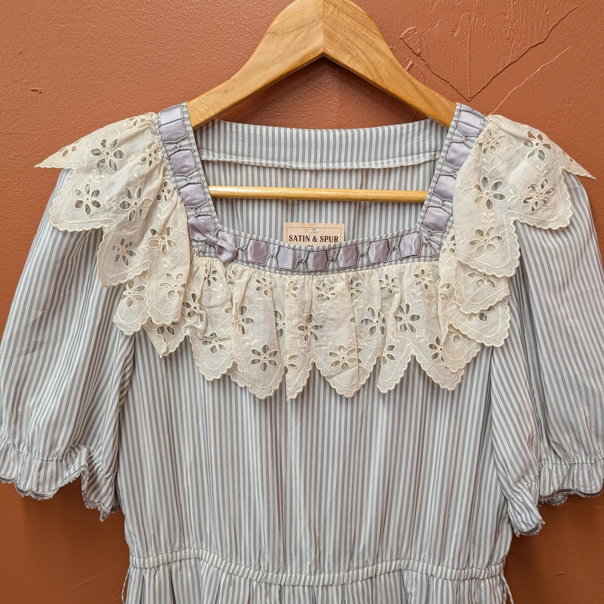 Handmade Vintage 1970s Grey And White Pinstripe Prairie Dress Size XS/S
