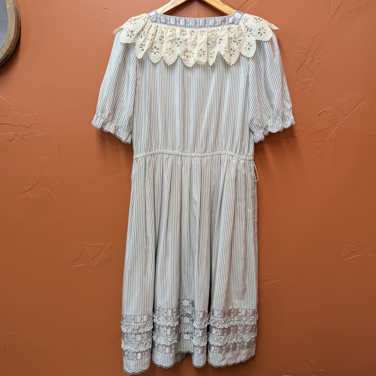 Handmade Vintage 1970s Grey And White Pinstripe Prairie Dress Size XS/S