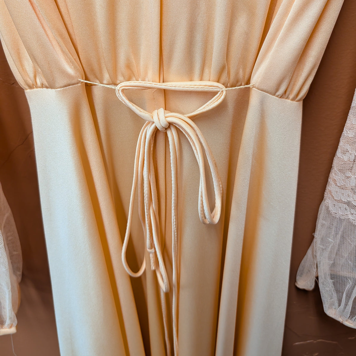 Vintage Handmade 1970s Peach Lace High Neck Dress Size XS