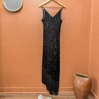 Vintage 1990s Black Velvet Embossed Fringe Set Size S