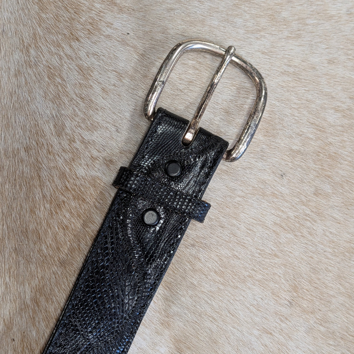 Vintage 1980s Black Genuine Lizard Skin Belt Size 30