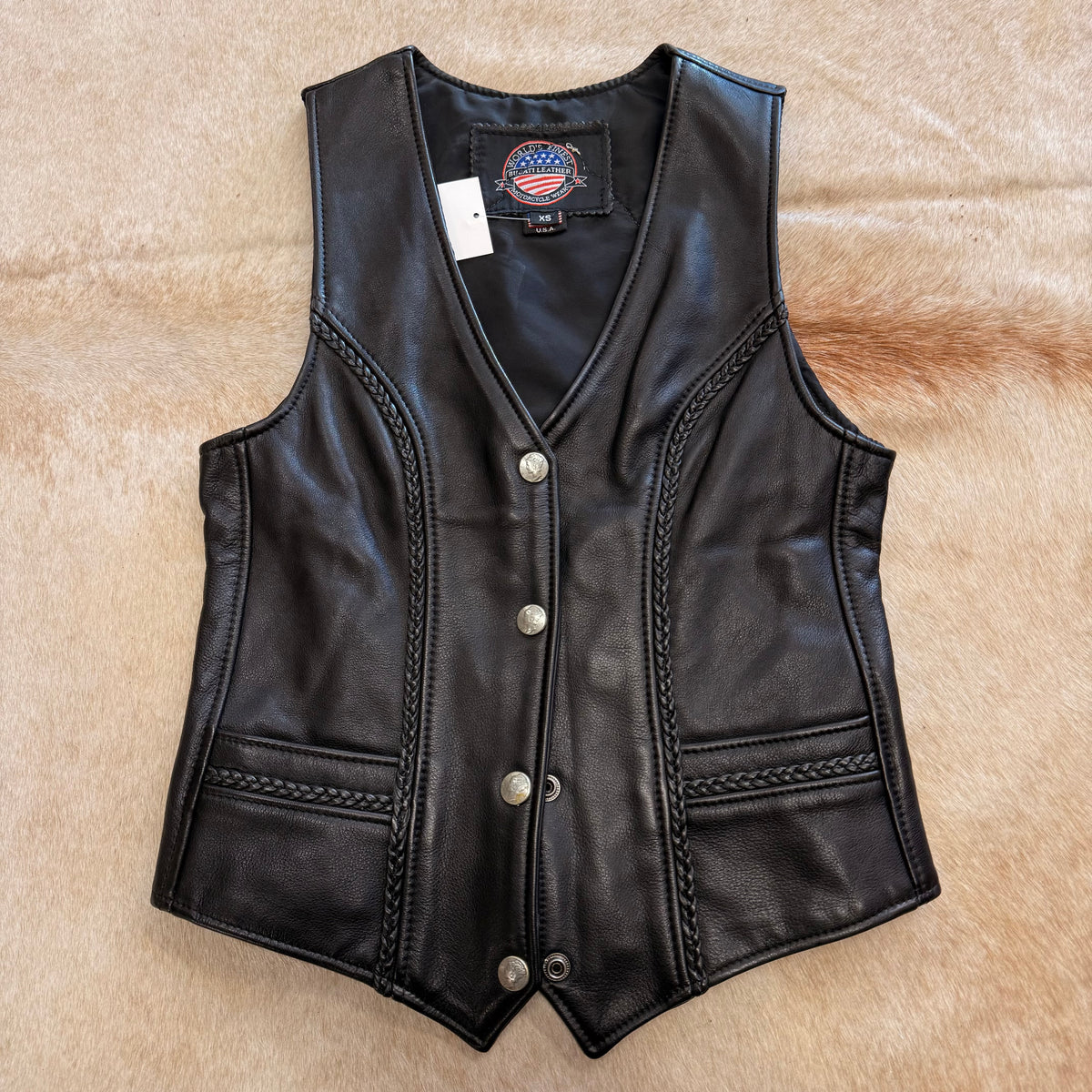 Black Leather Motorcycle Bucati Vest Size XS