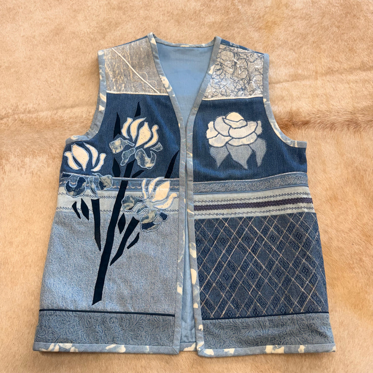 Floral Patchwork Denim Vest Size L