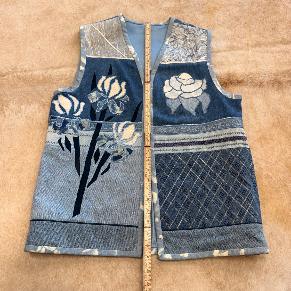 Floral Patchwork Denim Vest Size L