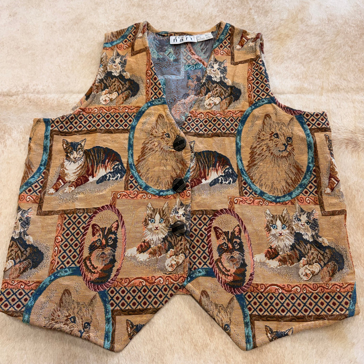 Vintage 1980s Keren Hart Cat Tapestry Vest Size XL