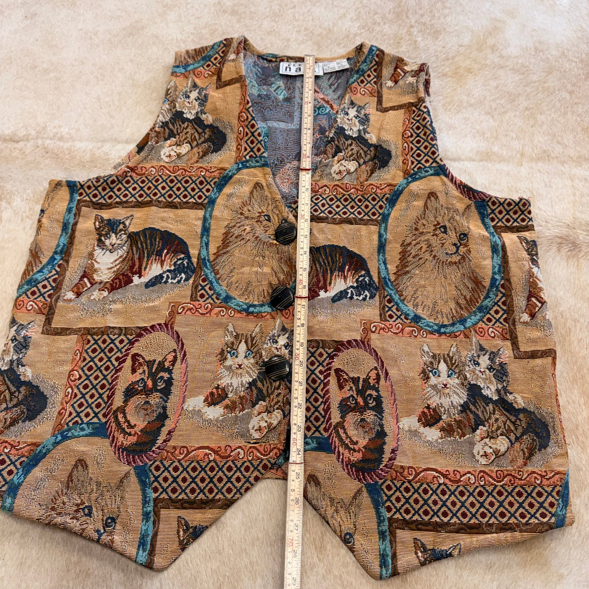 Vintage 1980s Keren Hart Cat Tapestry Vest Size XL