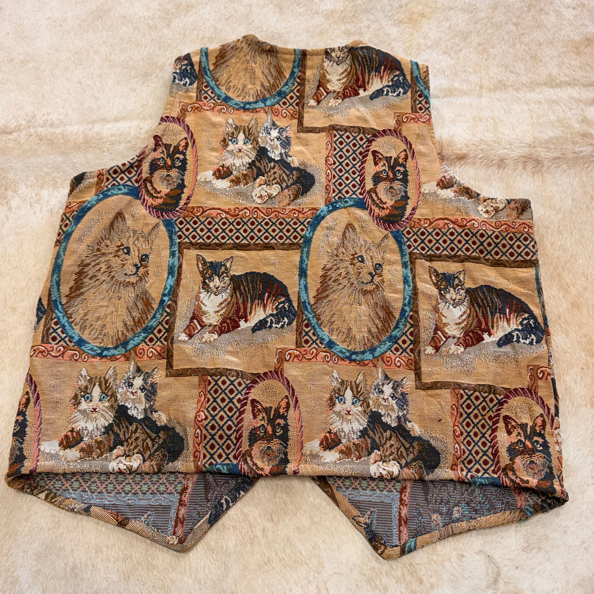 Vintage 1980s Keren Hart Cat Tapestry Vest Size XL